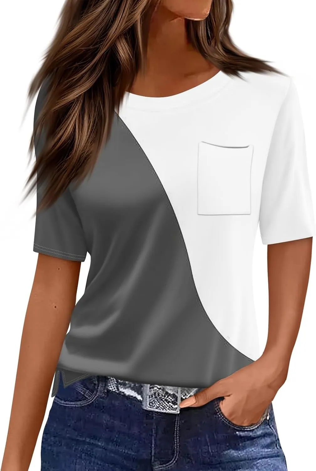 Summer Tops for Women 2025 Vacation Trendy Round Neck Boho Short Sleeve Shirts Casual Loose Comfy Blouses with Pocket