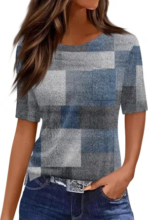 Summer Tops for Women 2025 Vacation Trendy Round Neck Boho Short Sleeve Shirts Casual Loose Comfy Blouses with Pocket