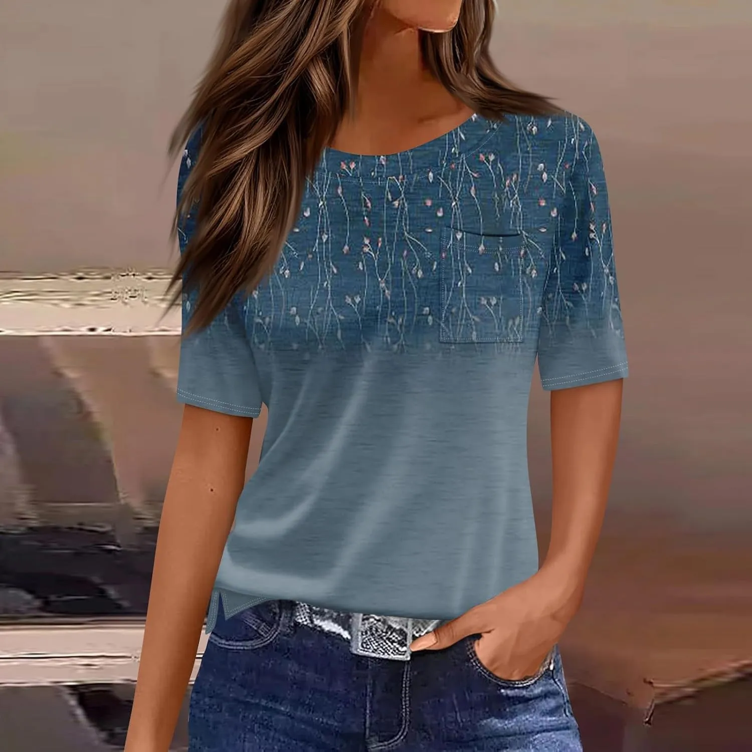 Summer Tops for Women 2025 Vacation Trendy Round Neck Boho Short Sleeve Shirts Casual Loose Comfy Blouses with Pocket