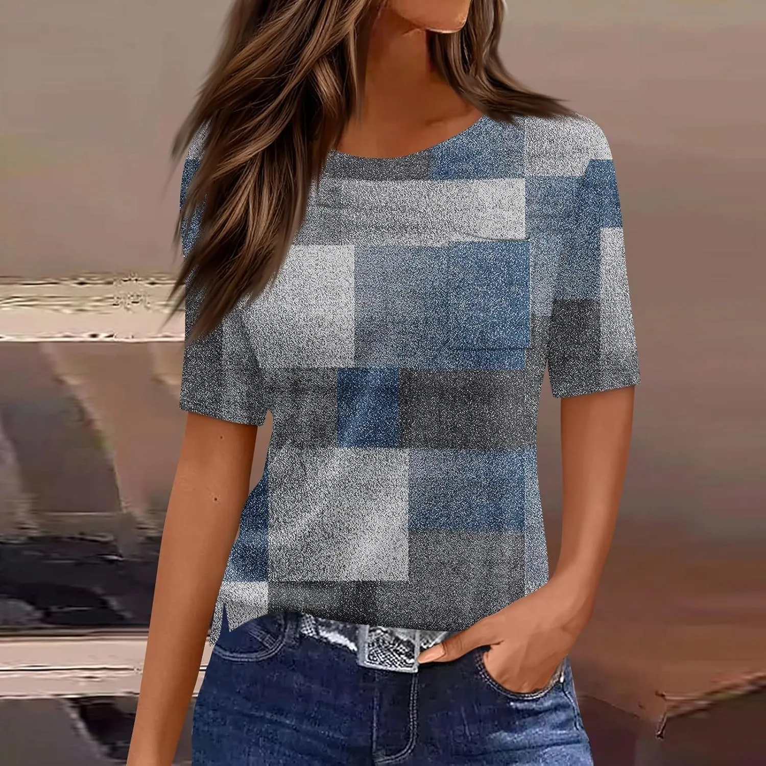 Summer Tops for Women 2025 Vacation Trendy Round Neck Boho Short Sleeve Shirts Casual Loose Comfy Blouses with Pocket