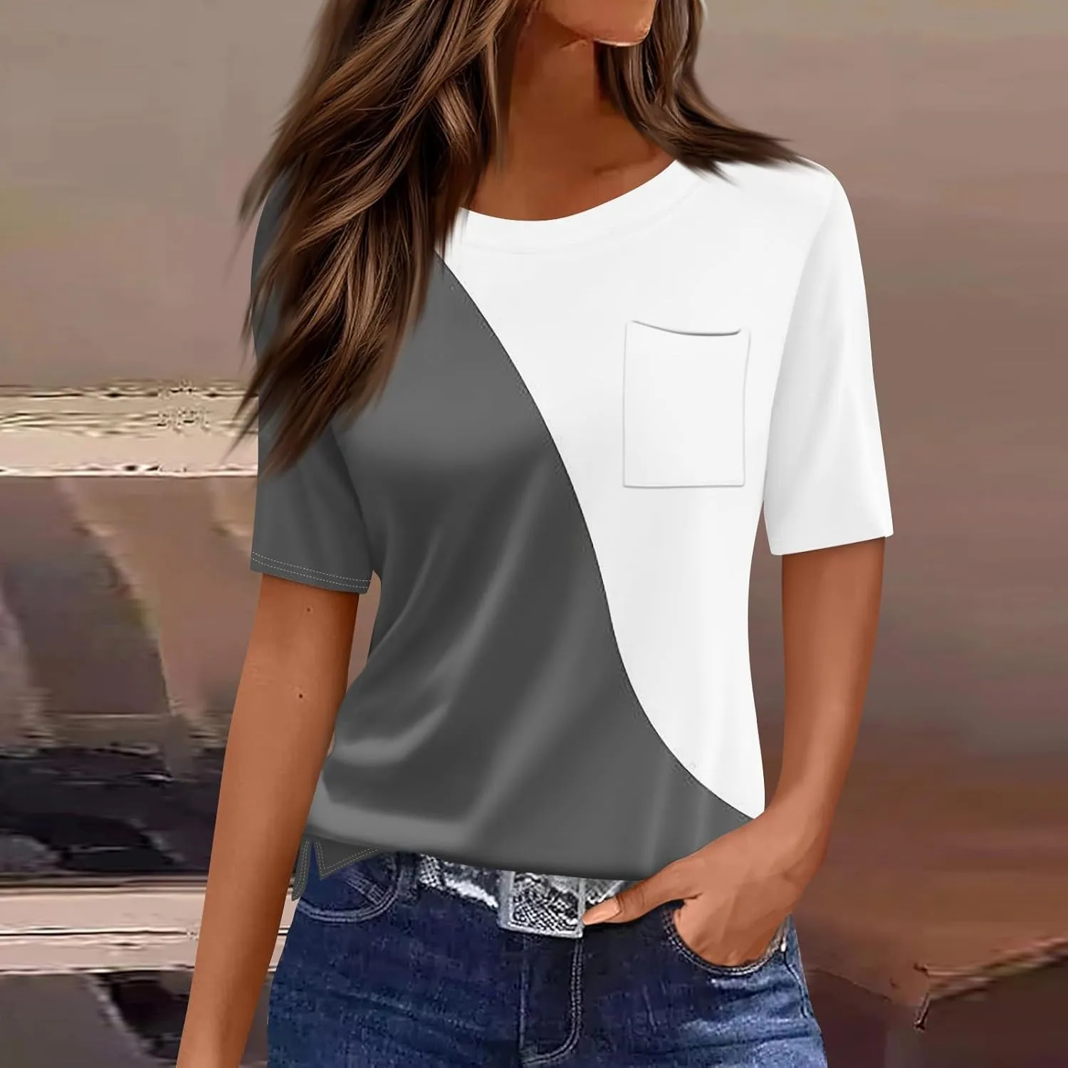 Summer Tops for Women 2025 Vacation Trendy Round Neck Boho Short Sleeve Shirts Casual Loose Comfy Blouses with Pocket