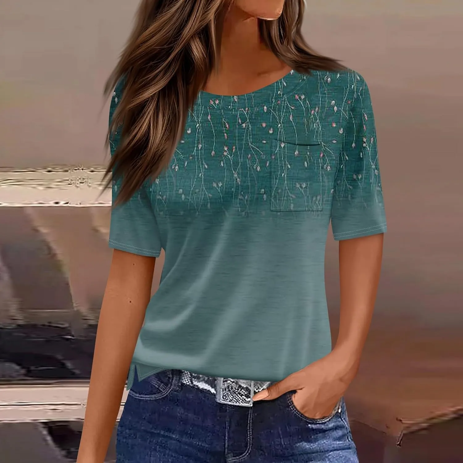 Summer Tops for Women 2025 Vacation Trendy Round Neck Boho Short Sleeve Shirts Casual Loose Comfy Blouses with Pocket