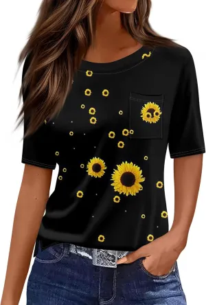 Summer Tops for Women 2025 Vacation Trendy Round Neck Boho Short Sleeve Shirts Casual Loose Comfy Blouses with Pocket