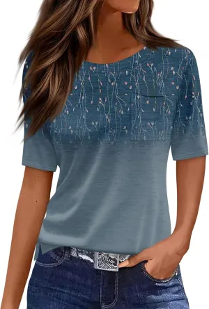Summer Tops for Women 2025 Vacation Trendy Round Neck Boho Short Sleeve Shirts Casual Loose Comfy Blouses with Pocket
