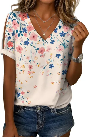Summer Tops for Women Casual V Neck Short Sleeve Shirts Boho Floral Printed Cold Shoulder Cotton Blend T-Shirts
