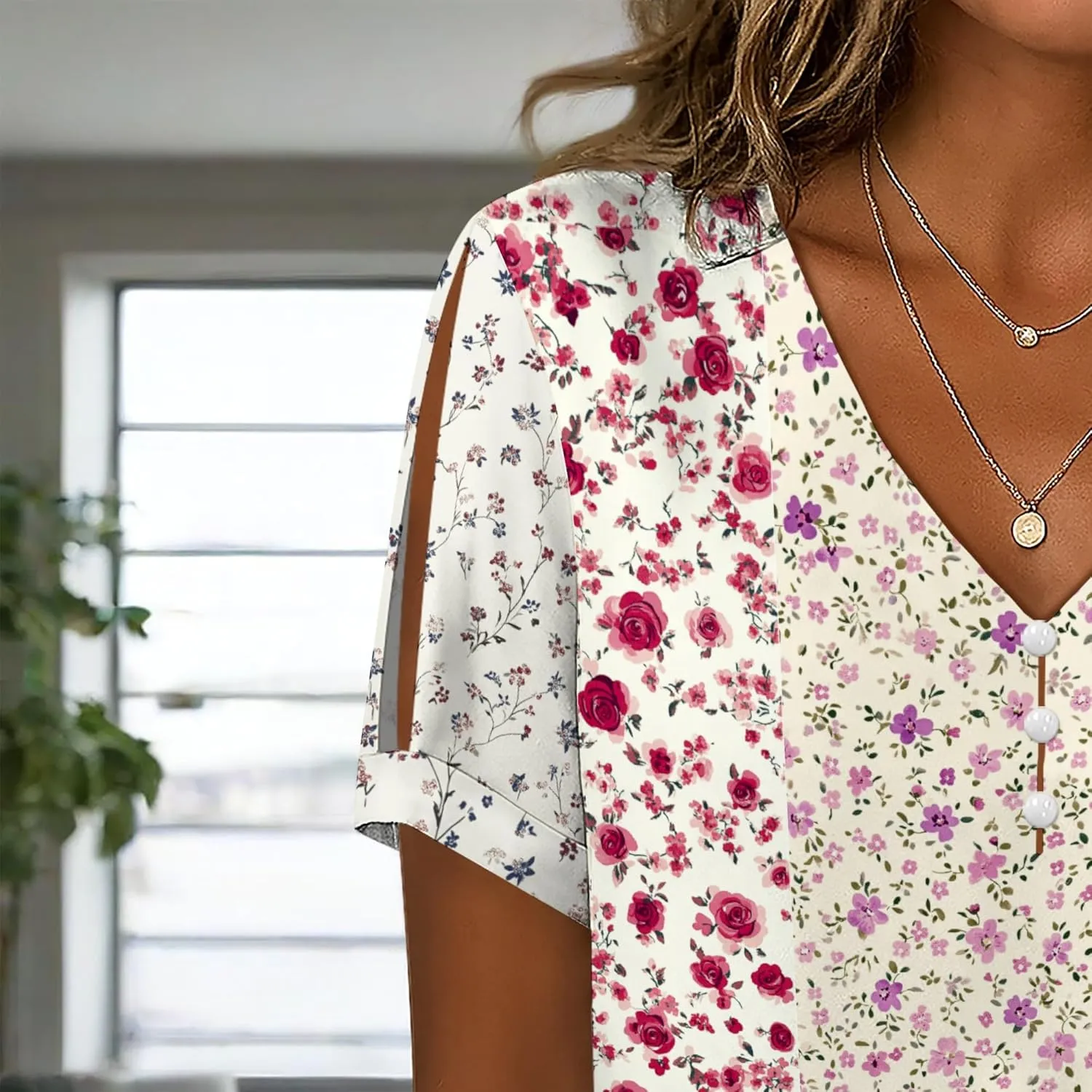Summer Tops for Women Casual V Neck Short Sleeve Shirts Boho Floral Printed Cold Shoulder Cotton Blend T-Shirts