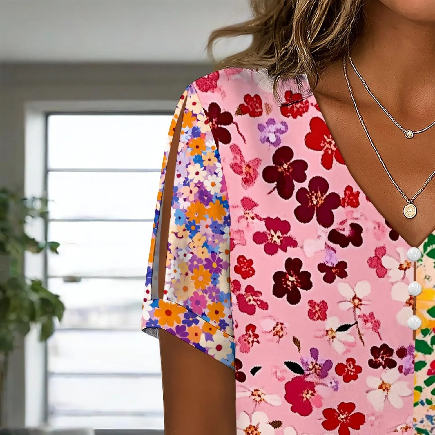 Summer Tops for Women Casual V Neck Short Sleeve Shirts Boho Floral Printed Cold Shoulder Cotton Blend T-Shirts