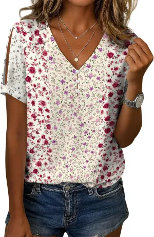 Summer Tops for Women Casual V Neck Short Sleeve Shirts Boho Floral Printed Cold Shoulder Cotton Blend T-Shirts