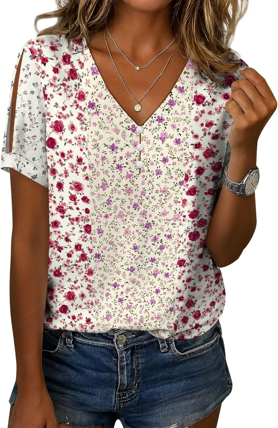 Summer Tops for Women Casual V Neck Short Sleeve Shirts Boho Floral Printed Cold Shoulder Cotton Blend T-Shirts