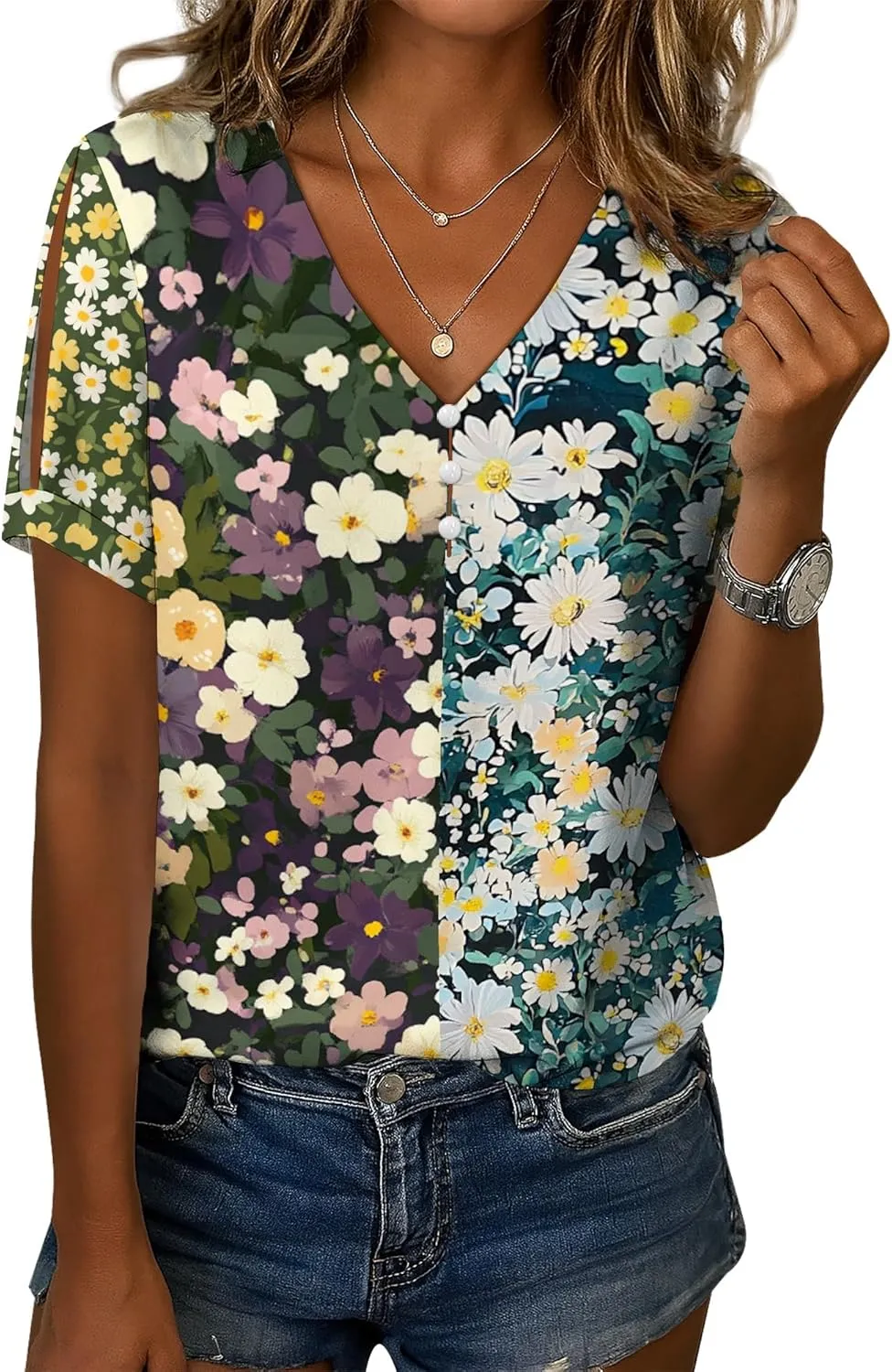 Summer Tops for Women Casual V Neck Short Sleeve Shirts Boho Floral Printed Cold Shoulder Cotton Blend T-Shirts