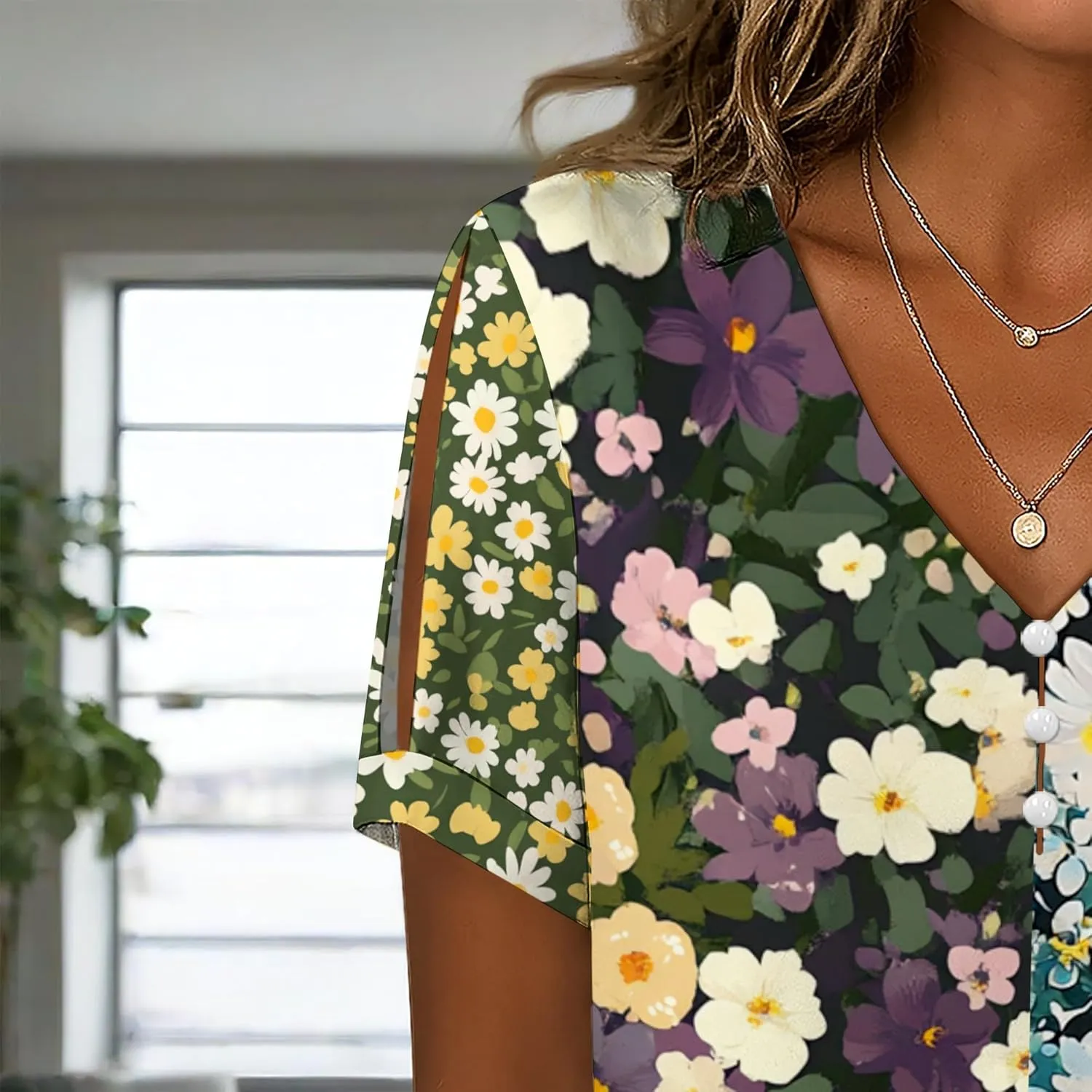 Summer Tops for Women Casual V Neck Short Sleeve Shirts Boho Floral Printed Cold Shoulder Cotton Blend T-Shirts