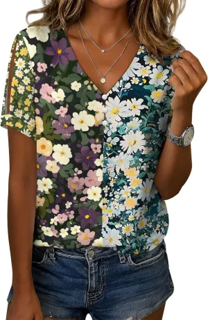 Summer Tops for Women Casual V Neck Short Sleeve Shirts Boho Floral Printed Cold Shoulder Cotton Blend T-Shirts