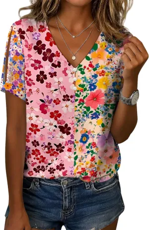 Summer Tops for Women Casual V Neck Short Sleeve Shirts Boho Floral Printed Cold Shoulder Cotton Blend T-Shirts