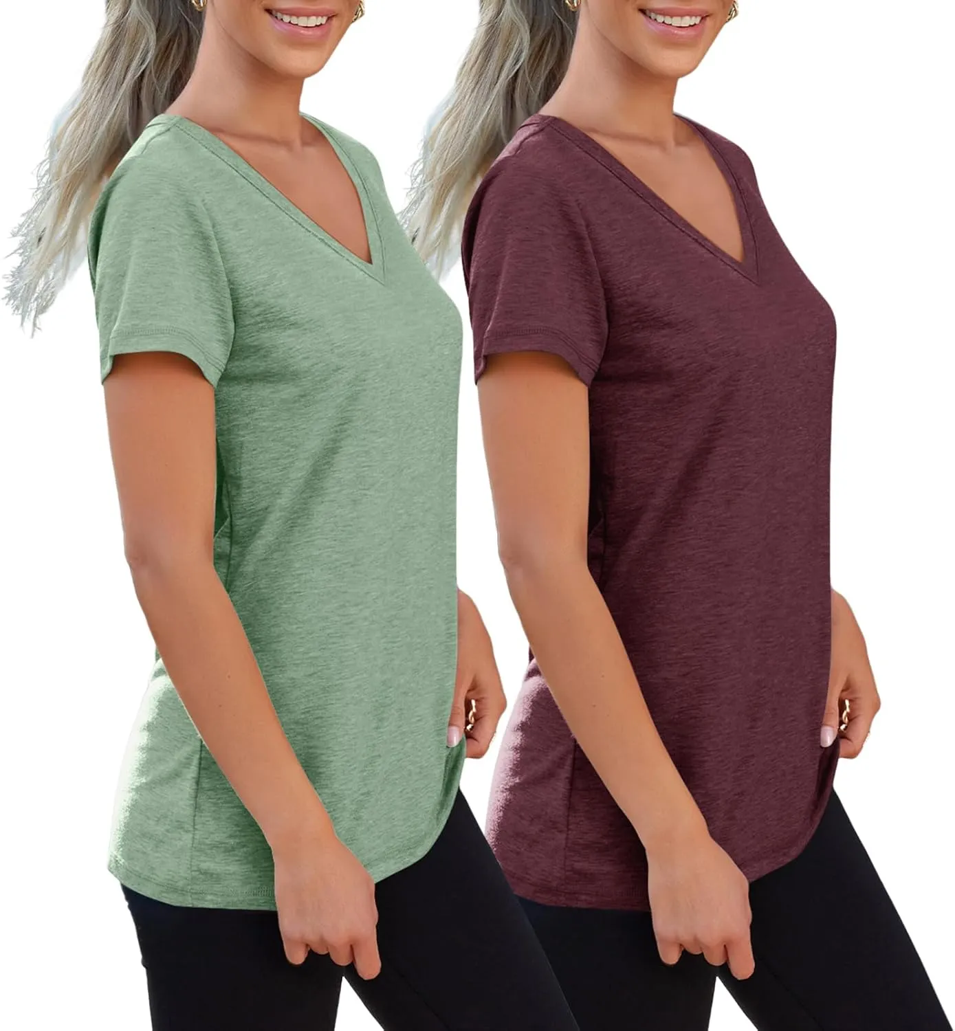SUNBS Womens Short Sleeve Shirts Basic 2 Pack Tees V Neck Summer Spring Trendy Casual Tops Loose Fit Lightweight Clothes 2025