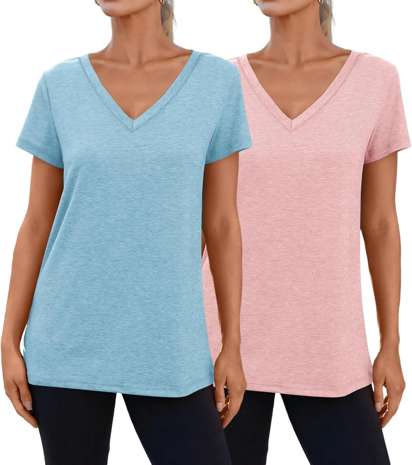 SUNBS Womens Short Sleeve Shirts Basic 2 Pack Tees V Neck Summer Spring Trendy Casual Tops Loose Fit Lightweight Clothes 2025