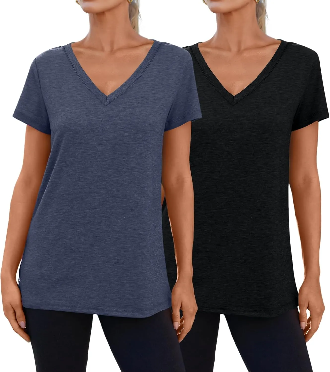 SUNBS Womens Short Sleeve Shirts Basic 2 Pack Tees V Neck Summer Spring Trendy Casual Tops Loose Fit Lightweight Clothes 2025