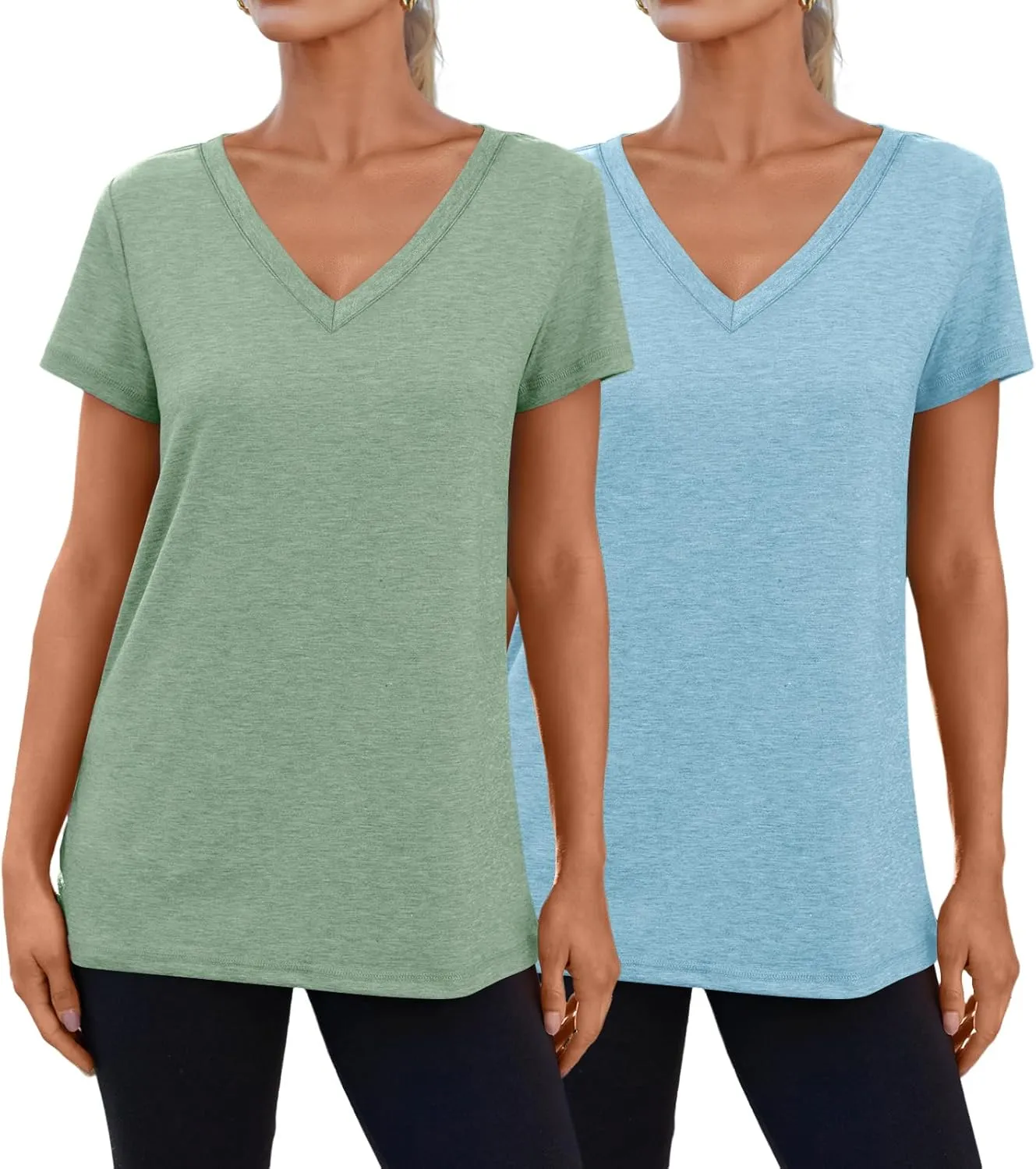 SUNBS Womens Short Sleeve Shirts Basic 2 Pack Tees V Neck Summer Spring Trendy Casual Tops Loose Fit Lightweight Clothes 2025