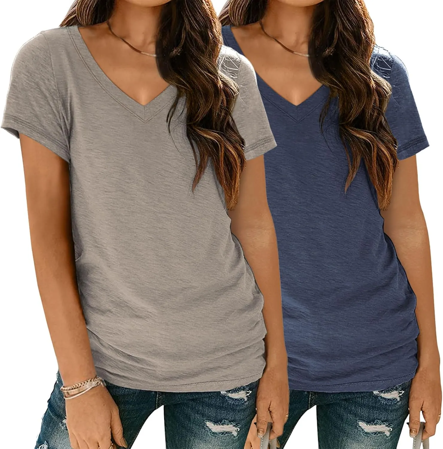 SUNBS Womens Short Sleeve Shirts Basic 2 Pack Tees V Neck Summer Spring Trendy Casual Tops Loose Fit Lightweight Clothes 2025