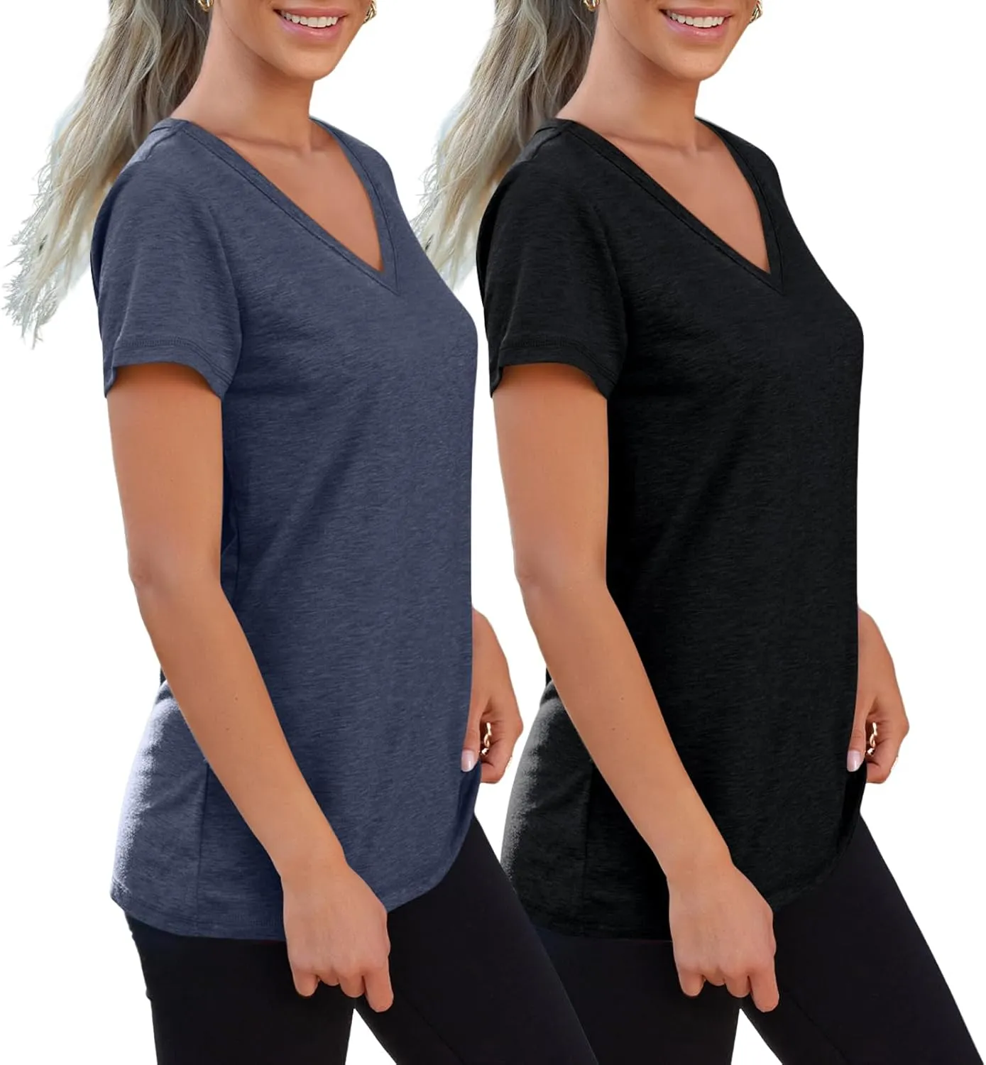 SUNBS Womens Short Sleeve Shirts Basic 2 Pack Tees V Neck Summer Spring Trendy Casual Tops Loose Fit Lightweight Clothes 2025