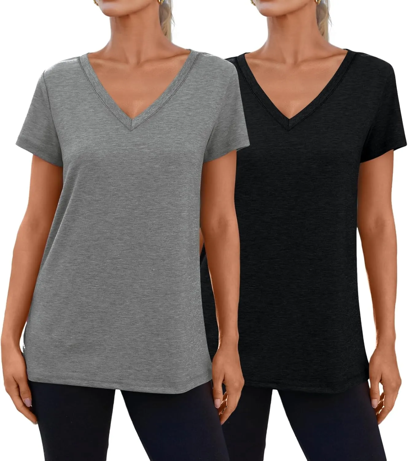 SUNBS Womens Short Sleeve Shirts Basic 2 Pack Tees V Neck Summer Spring Trendy Casual Tops Loose Fit Lightweight Clothes 2025