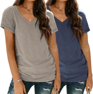 SUNBS Womens Short Sleeve Shirts Basic 2 Pack Tees V Neck Summer Spring Trendy Casual Tops Loose Fit Lightweight Clothes 2025