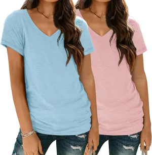 SUNBS Womens Short Sleeve Shirts Basic 2 Pack Tees V Neck Summer Spring Trendy Casual Tops Loose Fit Lightweight Clothes 2025