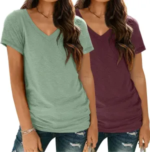 SUNBS Womens Short Sleeve Shirts Basic 2 Pack Tees V Neck Summer Spring Trendy Casual Tops Loose Fit Lightweight Clothes 2025