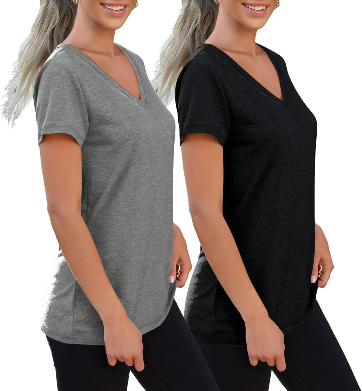 SUNBS Womens Short Sleeve Shirts Basic 2 Pack Tees V Neck Summer Spring Trendy Casual Tops Loose Fit Lightweight Clothes 2025