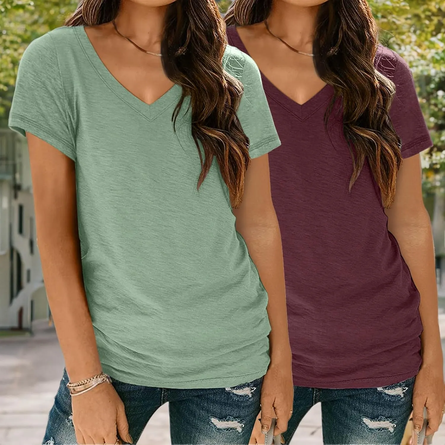 SUNBS Womens Short Sleeve Shirts Basic 2 Pack Tees V Neck Summer Spring Trendy Casual Tops Loose Fit Lightweight Clothes 2025