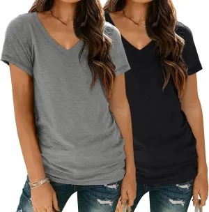 SUNBS Womens Short Sleeve Shirts Basic 2 Pack Tees V Neck Summer Spring Trendy Casual Tops Loose Fit Lightweight Clothes 2025