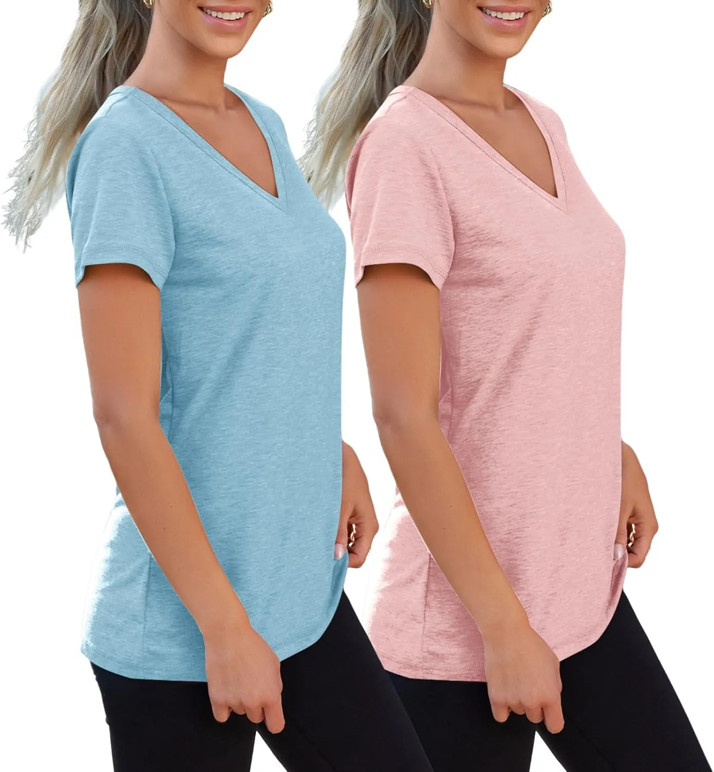 SUNBS Womens Short Sleeve Shirts Basic 2 Pack Tees V Neck Summer Spring Trendy Casual Tops Loose Fit Lightweight Clothes 2025