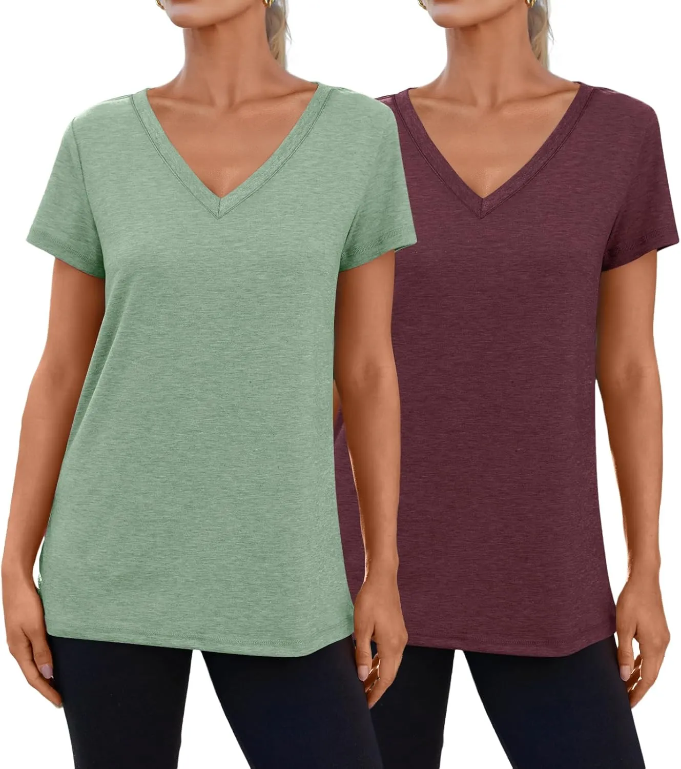 SUNBS Womens Short Sleeve Shirts Basic 2 Pack Tees V Neck Summer Spring Trendy Casual Tops Loose Fit Lightweight Clothes 2025