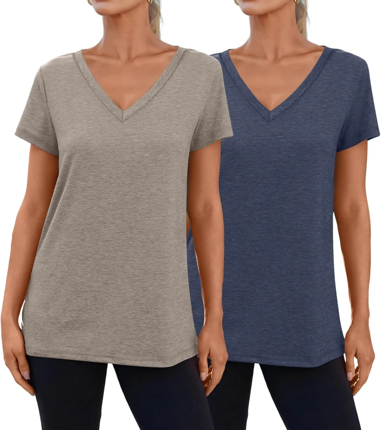 SUNBS Womens Short Sleeve Shirts Basic 2 Pack Tees V Neck Summer Spring Trendy Casual Tops Loose Fit Lightweight Clothes 2025