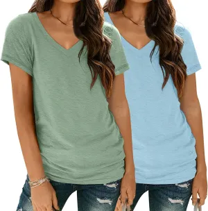 SUNBS Womens Short Sleeve Shirts Basic 2 Pack Tees V Neck Summer Spring Trendy Casual Tops Loose Fit Lightweight Clothes 2025