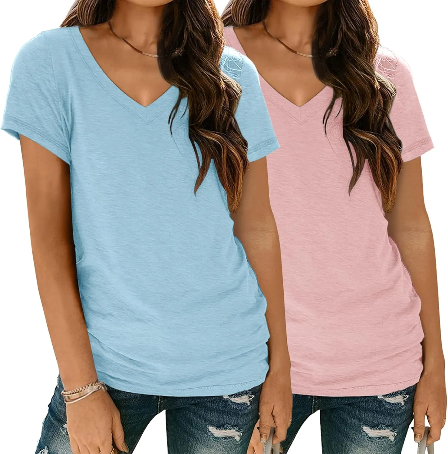 SUNBS Womens Short Sleeve Shirts Basic 2 Pack Tees V Neck Summer Spring Trendy Casual Tops Loose Fit Lightweight Clothes 2025