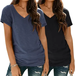 SUNBS Womens Short Sleeve Shirts Basic 2 Pack Tees V Neck Summer Spring Trendy Casual Tops Loose Fit Lightweight Clothes 2025