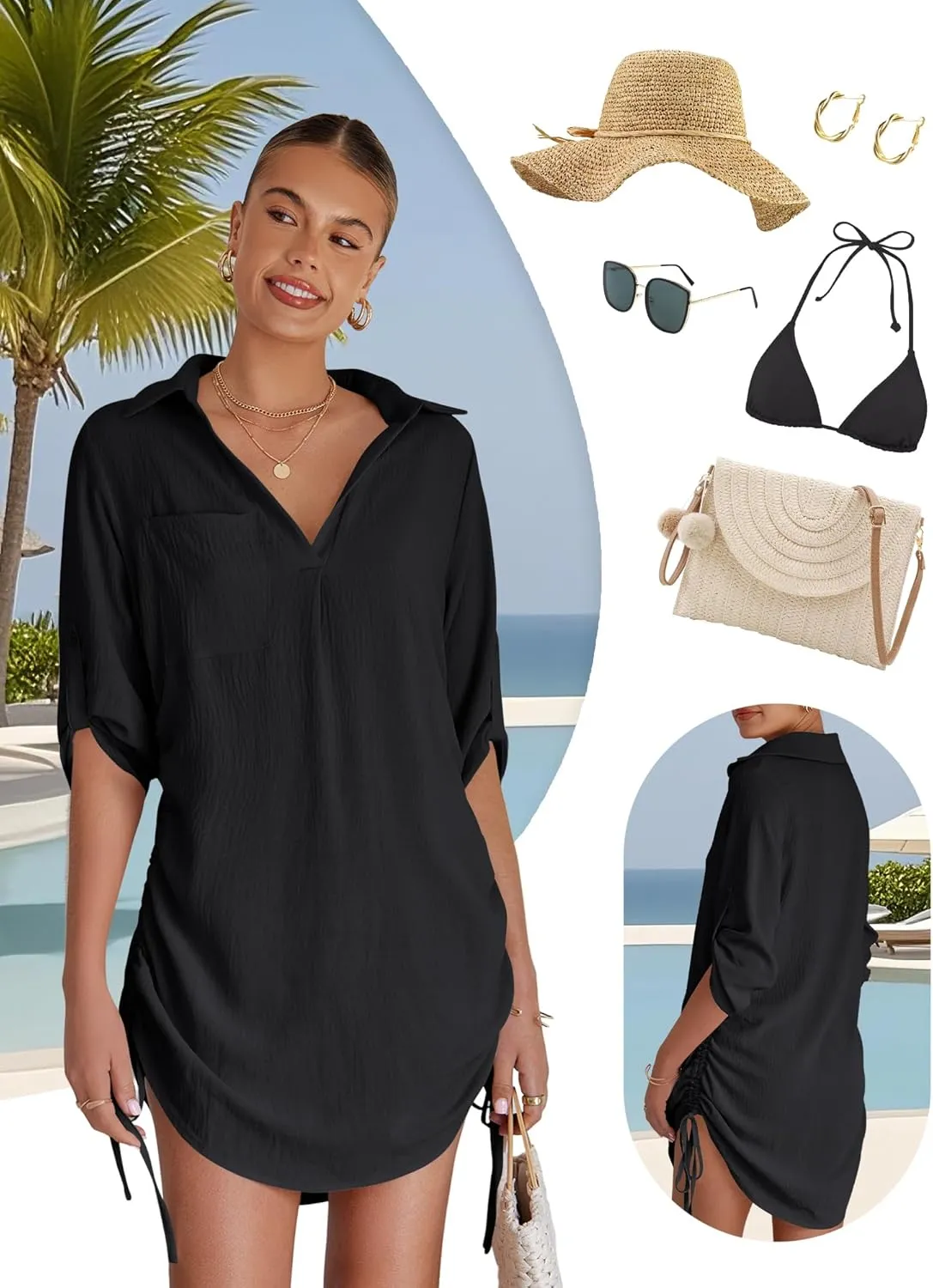 Swimsuit Coverup for Women Bathing Suit Cover Up Summer Swimwear Drawstring Beach Bikini Dress Shirt
