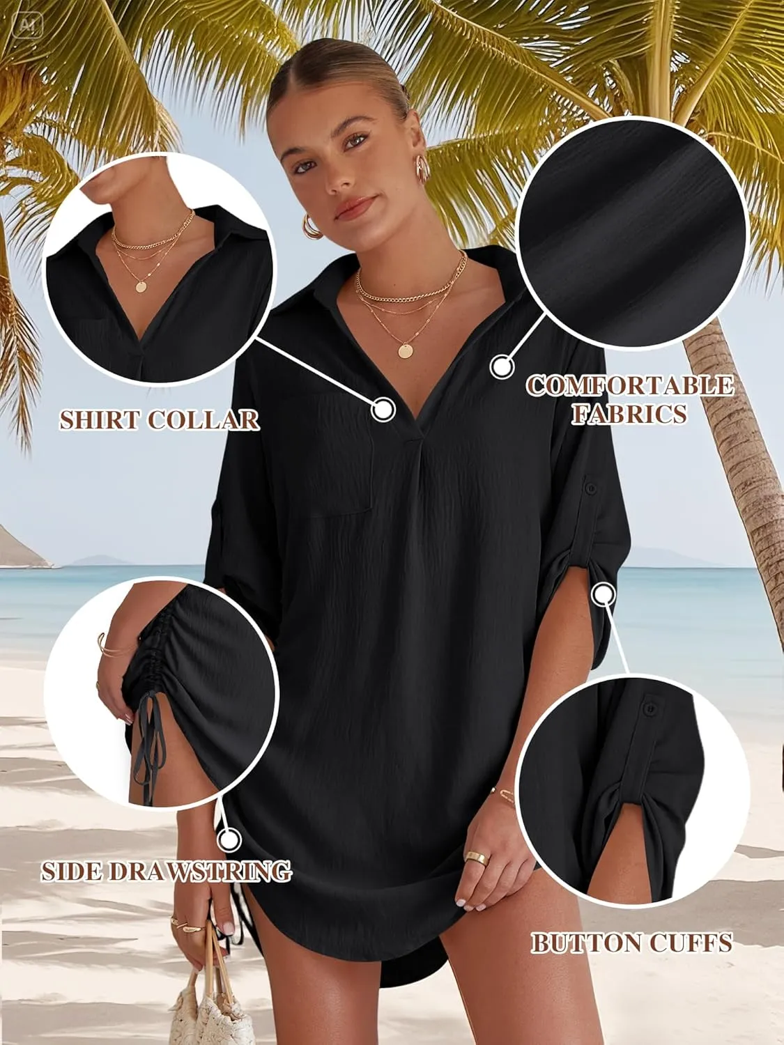 Swimsuit Coverup for Women Bathing Suit Cover Up Summer Swimwear Drawstring Beach Bikini Dress Shirt