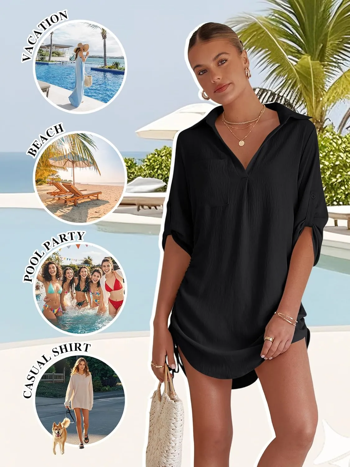 Swimsuit Coverup for Women Bathing Suit Cover Up Summer Swimwear Drawstring Beach Bikini Dress Shirt