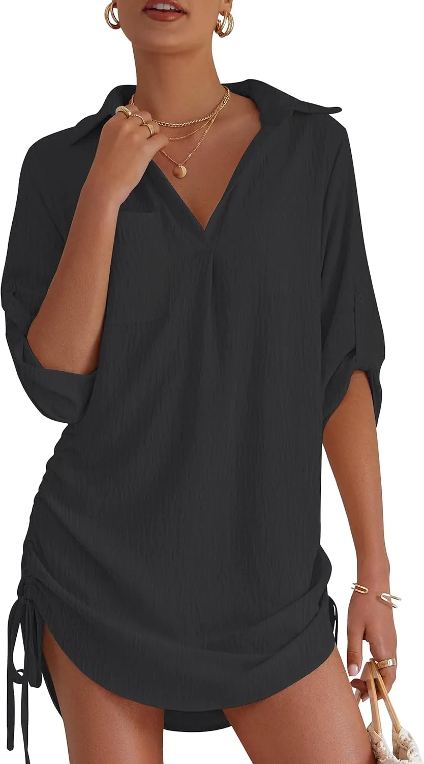 Swimsuit Coverup for Women Bathing Suit Cover Up Summer Swimwear Drawstring Beach Bikini Dress Shirt