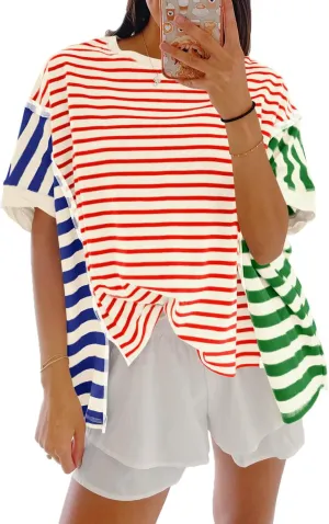 Tankaneo Womens Oversized Striped T-Shirts Color Block Short Sleeve Tee Tops Summer Casual High Low Hem Shirts