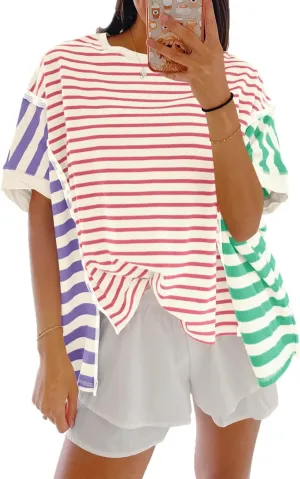 Tankaneo Womens Oversized Striped T-Shirts Color Block Short Sleeve Tee Tops Summer Casual High Low Hem Shirts