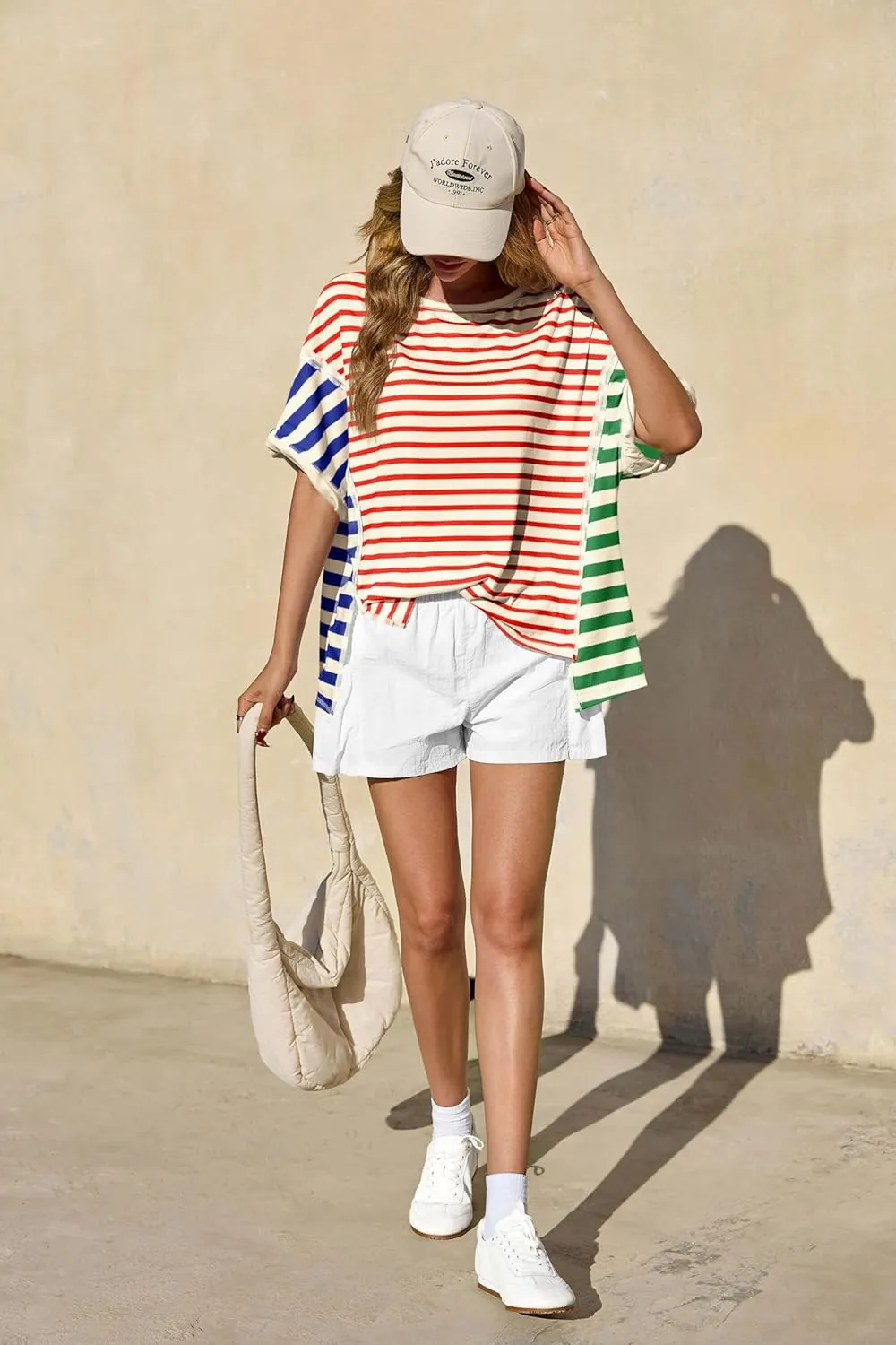 Tankaneo Womens Oversized Striped T-Shirts Color Block Short Sleeve Tee Tops Summer Casual High Low Hem Shirts