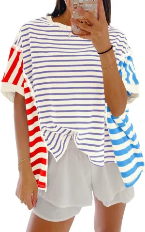 Tankaneo Womens Oversized Striped T-Shirts Color Block Short Sleeve Tee Tops Summer Casual High Low Hem Shirts