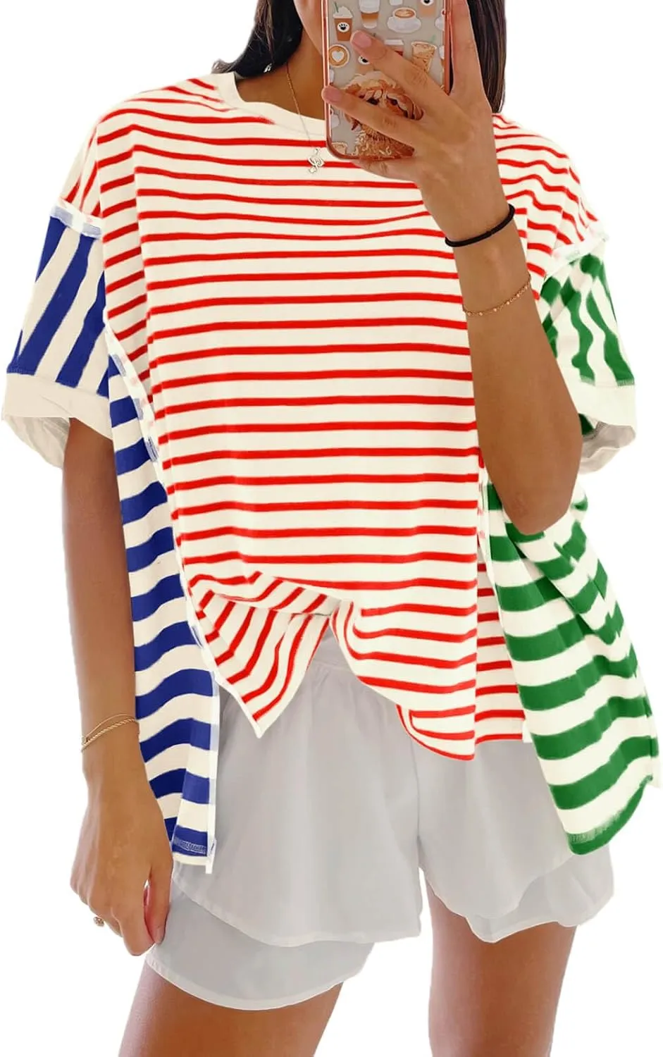 Tankaneo Womens Oversized Striped T-Shirts Color Block Short Sleeve Tee Tops Summer Casual High Low Hem Shirts
