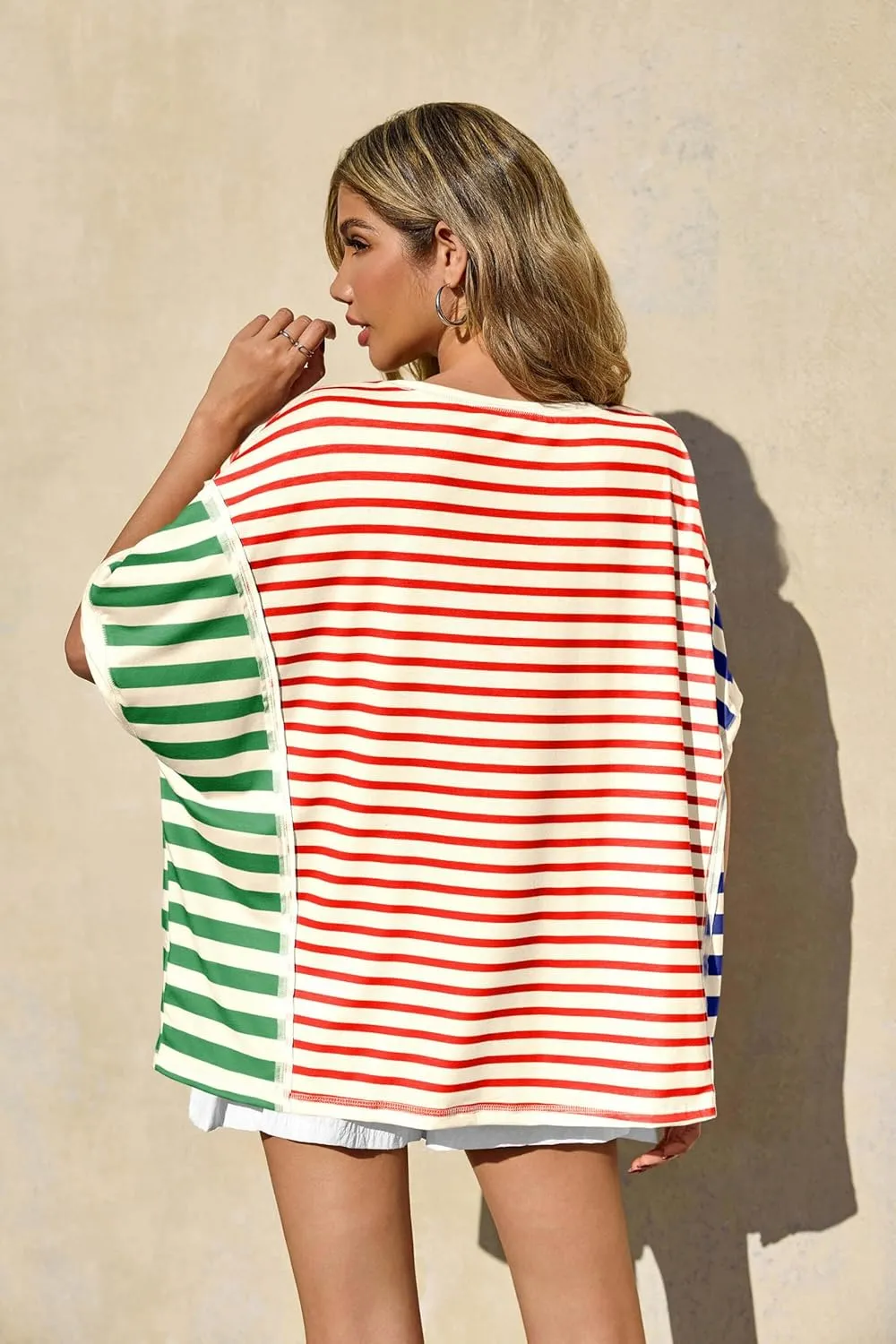 Tankaneo Womens Oversized Striped T-Shirts Color Block Short Sleeve Tee Tops Summer Casual High Low Hem Shirts