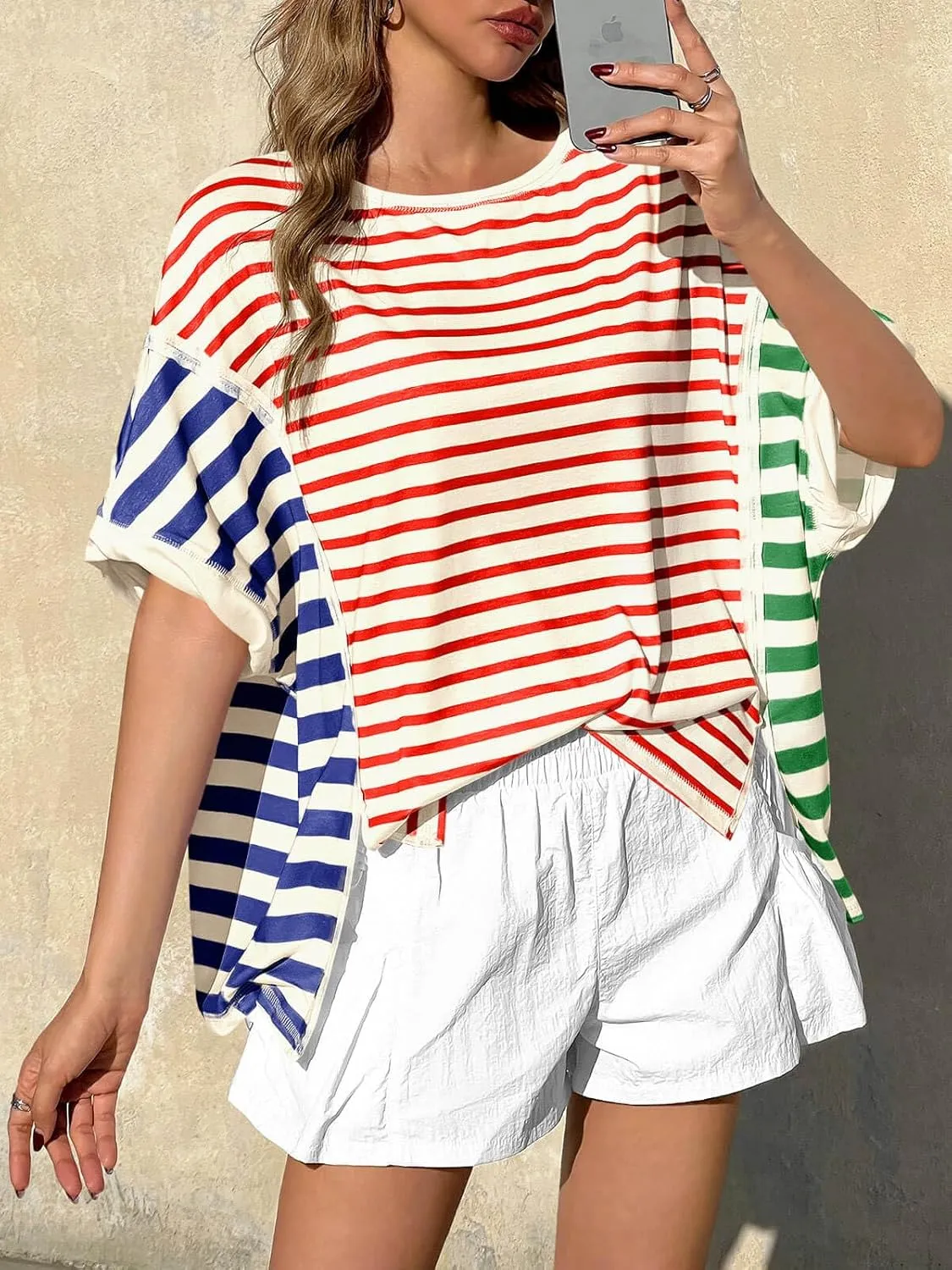 Tankaneo Womens Oversized Striped T-Shirts Color Block Short Sleeve Tee Tops Summer Casual High Low Hem Shirts