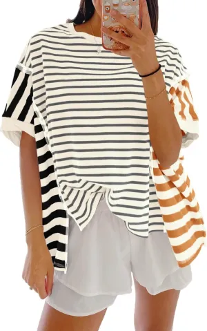 Tankaneo Womens Oversized Striped T-Shirts Color Block Short Sleeve Tee Tops Summer Casual High Low Hem Shirts