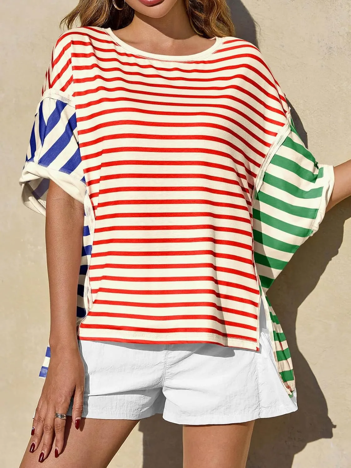 Tankaneo Womens Oversized Striped T-Shirts Color Block Short Sleeve Tee Tops Summer Casual High Low Hem Shirts