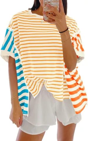 Tankaneo Womens Oversized Striped T-Shirts Color Block Short Sleeve Tee Tops Summer Casual High Low Hem Shirts